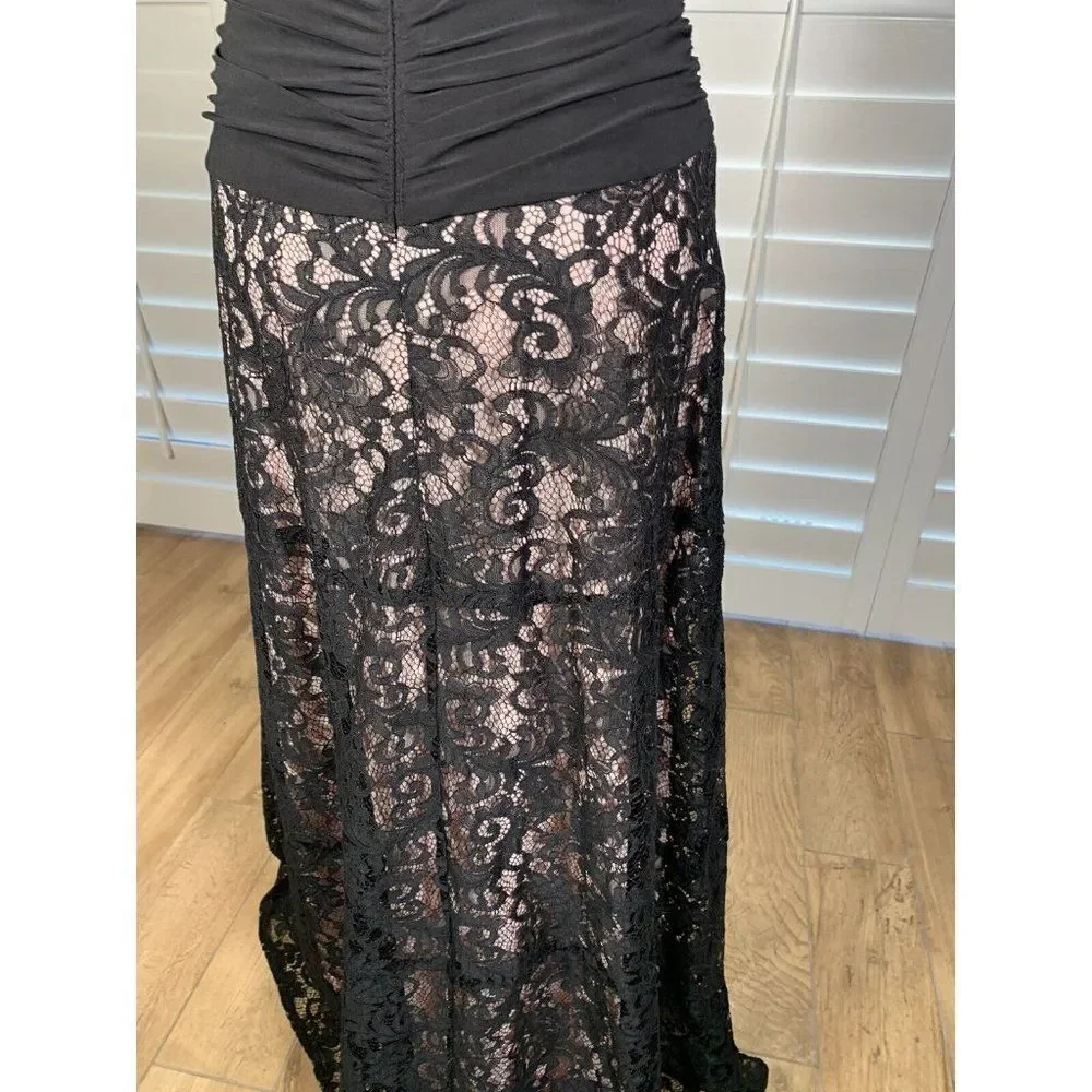 Y2K Black Evening Dress Retro Ruched Lace Skirt 6 Prom Formal SL Fashions Beauty
